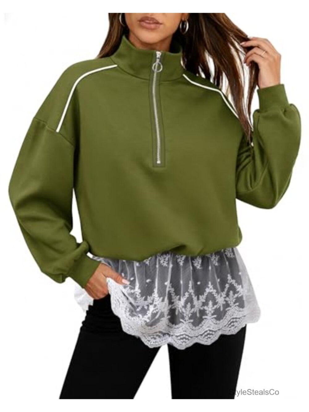 Women's Long Sleeve Half Zip T-Shirt with Lace Hem Loose Fit Casual Top